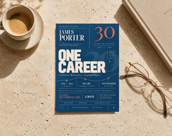 Puede incluir: Una tarjeta de invitación rectangular para una fiesta de jubilación con fondo azul oscuro y texto en blanco y coral. La tarjeta presenta el nombre James Porter, el número 30, las palabras One Career y los detalles del evento del 19 de diciembre de 2026.