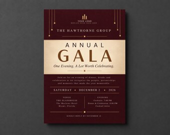 Puede incluir: Un folleto de evento en color burdeos oscuro y crema para la Gala Anual de The Hawthorne Group el sábado 2 de diciembre de 2026. El texto incluye One Evening. A Lot Worth Celebrating, The Glasshouse, Miami, Florida y RSVP antes del 18 de noviembre.
