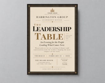 Puede incluir: Una tarjeta de invitación rectangular con fondo crema y borde marrón oscuro. El texto dice: Harrington Group, The Leadership Table, An Evening for the People Leading What Comes Next, Thursday, February 10, 2028, The Board Room.