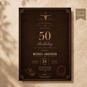 May include: A dark brown rectangular birthday invitation card featuring a gold steer skull icon at the top, the text 50 Birthday Celebration, Michael Anderson, and event details including date, time, location, and RSVP information with a cowboy hat and lasso.