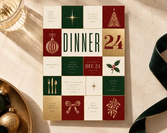 Puede incluir: Una tarjeta de invitación rectangular para una cena festiva con un diseño de cuadrícula que alterna cuadrados rojos, verdes, crema y dorados. El texto dice DINNER 24, WEDNESDAY DEC 24 7:00 PM, THE IVY LOUNGE y KINDLY RSVP BY DECEMBER 16, con iconos dorados.