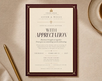 Puede incluir: Una tarjeta de invitación rectangular con un borde burdeos profundo y centro crema. El texto dice: Astor & Wells, Annual Client Dinner, With Appreciation, Thursday, February 11, 2027, The Palm Court, The Montrose Hotel, Palm Beach, Florida.