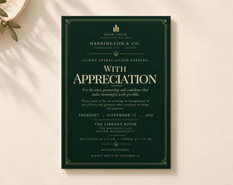 Puede incluir: Una tarjeta de invitación de color verde oscuro con texto dorado y un borde decorativo. El texto dice: Harrington & Co., Client Appreciation Evening, With Appreciation, Thursday, November 12, 2026, The Library Room, The Whitmore Club, Boston, Massachusetts.