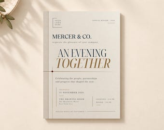 Puede incluir: Una tarjeta de invitación de color crema con texto en negro y dorado que dice Mercer & Co. requests the pleasure of your company An Evening Together, celebrando a las personas, asociaciones y el progreso del año, el jueves 19 de noviembre de 2026.