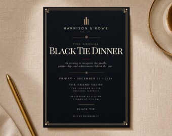 Puede incluir: Una tarjeta de invitación rectangular negra con texto y detalles de borde en dorado. El texto dice: Harrison & Rowe, The Annual Black Tie Dinner, Friday December 11 2026, The Grand Salon, The Langham House Chicago, Illinois, Reception at 6:30 PM, Dinner at 7:30 PM, Black Tie, RSVP by November 27.