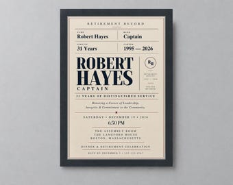 Puede incluir: Una tarjeta de invitación rectangular para una jubilación con borde negro y fondo crema. El texto dice: Retirement Record, Robert Hayes, Captain, 31 Years, 1995-2026, 31 Years of Distinguished Service, Saturday, December 19, 2026, 6:30 PM.