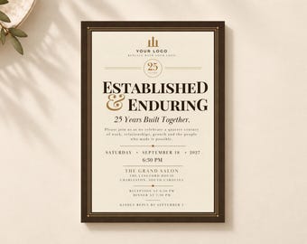 Puede incluir: Una tarjeta de invitación rectangular con un borde marrón oscuro sobre un fondo crema. El texto dice: Established & Enduring, 25 Years Built Together, Saturday September 18 2027, 6:30 PM, The Grand Salon, The Langford House, Charleston, South Carolina.