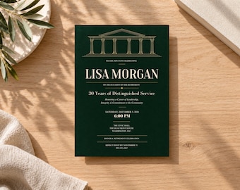 Puede incluir: Una tarjeta de invitación rectangular de color verde oscuro para una jubilación con una ilustración dorada de líneas de un edificio clásico con columnas. El texto dice LISA MORGAN, 30 Years of Distinguished Service, Saturday, December 3, 2026, 6:00 PM, The Civic Hall, The Beaumont House, Washington, D.C., y detalles de confirmación.