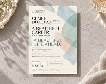 Puede incluir: Una tarjeta de invitación rectangular para jubilación con formas abstractas de acuarela en tonos azul, verde y melocotón. El texto dice: Claire Donovan, A Beautiful Career Behind Her. A Beautiful Life Ahead. Sábado 8 de agosto de 2026, 17:30.