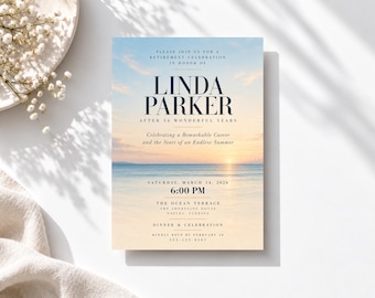 Puede incluir: Una tarjeta de invitación rectangular para jubilación con una escena de océano al atardecer y texto azul oscuro: PLEASE JOIN US FOR A RETIREMENT CELEBRATION IN HONOR OF LINDA PARKER AFTER 24 WONDERFUL YEARS, SÁBADO 14 DE MARZO DE 2026, 6:00 PM.