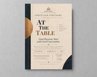 Puede incluir: Una tarjeta de invitación rectangular con fondo crema, detalles en azul marino oscuro y un gráfico circular dorado. El texto dice Crestview Partners Leadership Dinner At The Table, Good Decisions Start with Good Conversation.