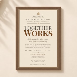 May include: A rectangular invitation card with a cream-colored center and a dark brown border. The text reads: NORTHFIELD COLLECTIVE, TOGETHER WORKS, Different roles. One team. A lot worth celebrating. FRIDAY, JUNE 18, 2027, THE GROVE ROOM.