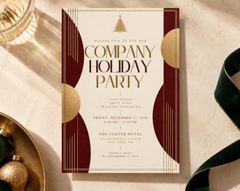 Puede incluir: Una tarjeta de invitación rectangular con fondo crema, paneles laterales de color rojo oscuro y detalles circulares dorados. El texto dice: Company Holiday Party, Friday, December 11, 2026, 6:00 PM - 11:00 PM, The Carter Hotel, 123 Riverdale Avenue, New York, NY.