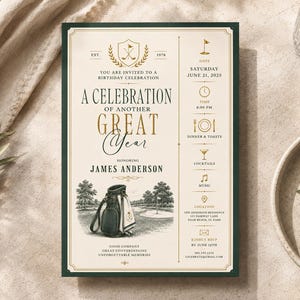 May include: A rectangular birthday invitation card with a cream background and dark green border. It features a golf bag illustration, text reading A CELEBRATION OF ANOTHER GREAT YEAR, and details for James Anderson on Saturday, June 21, 2025.