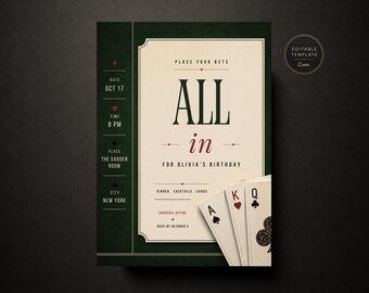 Puede incluir: Una tarjeta de invitación de cumpleaños rectangular con un borde verde oscuro y un centro color crema. El texto dice "PLACE YOUR BETS", "ALL in", "FOR OLIVIA'S BIRTHDAY", "DATE OCT 17", "TIME 8 PM", "THE GARDEN ROOM", "NEW YORK" y "RSVP BY OCTOBER 3".