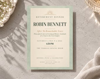 Puede incluir: Una tarjeta de invitación rectangular para una cena de jubilación con un centro color crema y un borde verde salvia. El texto dice: Retirement Dinner, Robin Bennett, After 36 Remarkable Years, Saturday, May 9, 2026, 6:30 PM, The Terrace Dining Room.
