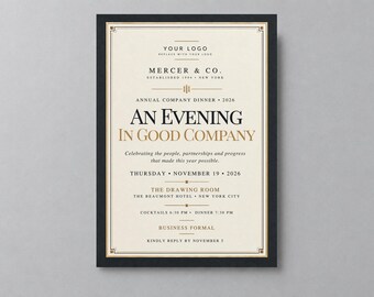 Puede incluir: Una tarjeta de invitación rectangular con fondo crema y un borde negro grueso. El texto dice: Mercer & Co. Established 1996 New York, Annual Company Dinner 2026, An Evening In Good Company, Thursday November 19 2026, The Drawing Room.