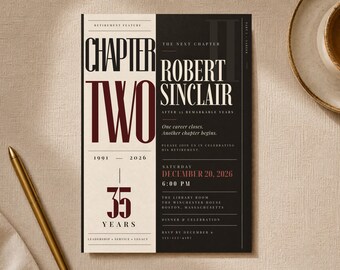 Puede incluir: Una tarjeta de invitación rectangular para jubilación con un diseño dividido en color crema y negro. El texto incluye Chapter Two, Robert Sinclair, 1991-2026, 35 Years y los detalles del evento para el 20 de diciembre de 2026 en Boston, Massachusetts.