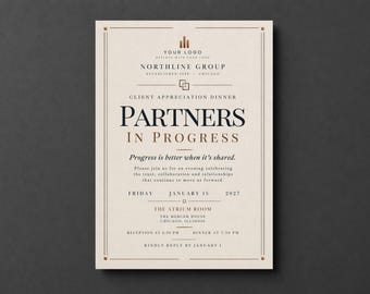 Puede incluir: Una tarjeta de invitación de color crema con texto en negro y cobre. El encabezado dice Northline Group, Client Appreciation Dinner, Partners in Progress. Incluye los detalles del evento para el viernes 15 de enero de 2027 en Chicago.