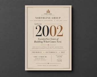 Puede incluir: Una tarjeta de invitación de aniversario beige para Northline Group con el texto 'Since 2002', 'Twenty-Five Years of Building What Comes Next' y detalles del evento para el jueves 14 de octubre de 2027 en The Atrium, Chicago, Illinois.