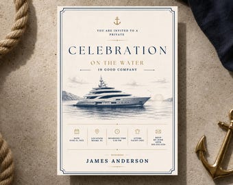 Yacht Club Birthday Invitation Template, Nautical Birthday Invite, Luxury Editable Canva Invitation, Coastal Party Invite