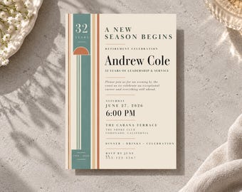 Puede incluir: Una tarjeta de invitación rectangular para una celebración de jubilación con fondo crema y un borde vertical de rayas en azul verdoso y terracota. El texto dice A NEW SEASON BEGINS, Andrew Cole, 32 YEARS OF LEADERSHIP & SERVICE, 27 de junio.