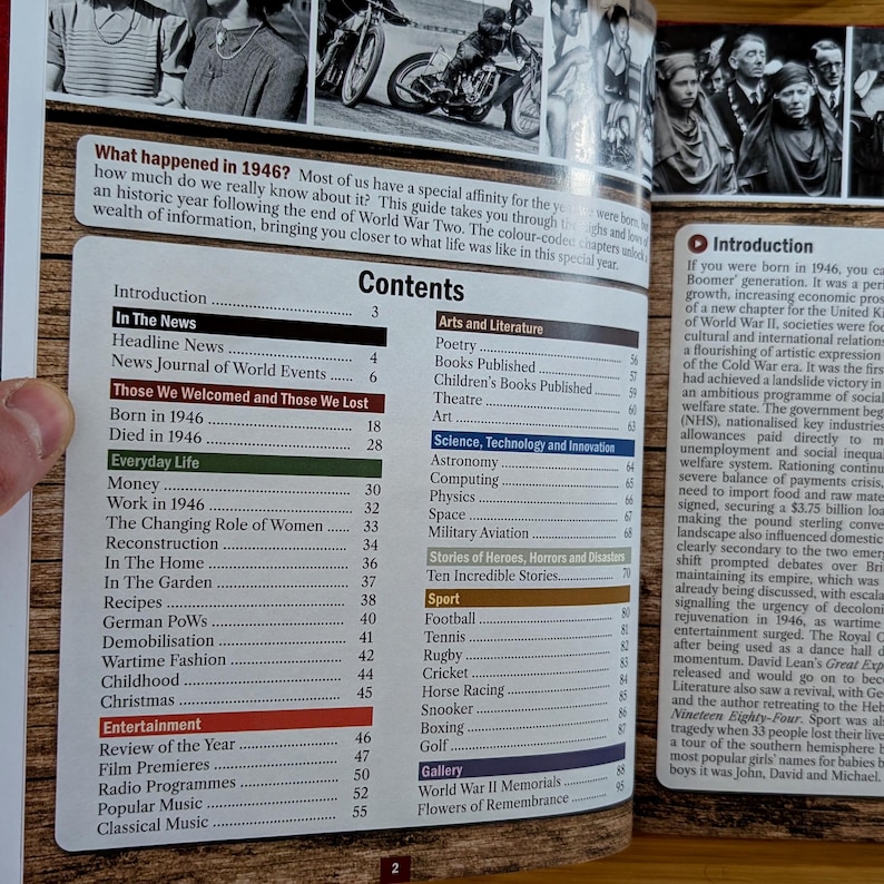 K&ouml;nnte beinhalten: Eine gedruckte Buchseite mit dem Titel Contents, die eine Liste von Kapiteln &uuml;ber das Jahr 1946 enth&auml;lt. Der Text ist in Abschnitte unterteilt, darunter In The News, Everyday Life, Entertainment, Arts and Literature, Science, Technology and Innovation und Sport.