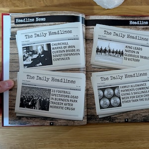 K&ouml;nnte beinhalten: Ein aufgeschlagenes Buch mit vier Zeitungsausschnitten unter der &Uuml;berschrift The Daily Headlines. Die Artikel enthalten historische Texte und Schwarz-Wei&szlig;-Fotos, darunter Winston Churchill, eine Milit&auml;rparade, eine Fu&szlig;ballmenge und M&uuml;nzen.