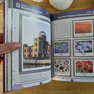 K&ouml;nnte beinhalten: Ein aufgeschlagenes Buch mit Seiten &uuml;ber Gedenkst&auml;tten des Zweiten Weltkriegs und Blumen des Gedenkens. Die linke Seite zeigt die Genbaku-Kuppel in Hiroshima, w&auml;hrend die rechte Seite Bilder und Texte zu Klatschmohn, Kornblumen, Vergissmeinnicht und wei&szlig;en Chrysanthemen enth&auml;lt.
