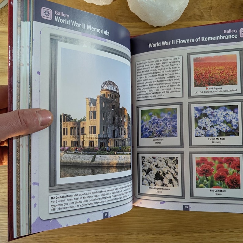 K&ouml;nnte beinhalten: Ein aufgeschlagenes Buch mit Seiten &uuml;ber Gedenkst&auml;tten des Zweiten Weltkriegs und Blumen des Gedenkens. Die linke Seite zeigt die Genbaku-Kuppel in Hiroshima, w&auml;hrend die rechte Seite Bilder und Texte zu Klatschmohn, Kornblumen, Vergissmeinnicht und wei&szlig;en Chrysanthemen enth&auml;lt.