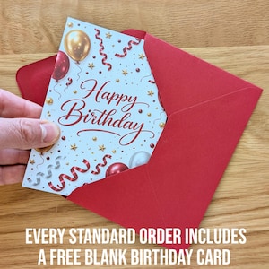 K&ouml;nnte beinhalten: Eine wei&szlig;e Geburtstagskarte mit dem roten Schriftzug Happy Birthday, umgeben von Illustrationen aus goldenen, roten und silbernen Luftballons, Konfetti und Sternen, die teilweise in einem roten Umschlag steckt.