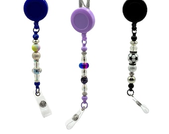 Handgefertigte / 3D gedruckte Perlen Ausweishalter für Lanyards (Lila, Schwarz, Blau) | Erlös unterstützt die psychische Gesundheit