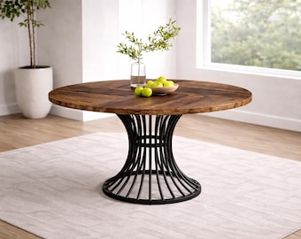 Round Wood Dining Table, Herringbone Wooden Table, Modern Pedestal Dining Table, Rustic Farmhouse Kitchen Table, 4-6 Seater Dining Table