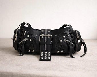 Borsa a tracolla punk gotica Y2K, borsa da motociclista in similpelle nera con borchie, stile vintage
