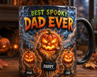 Custom Dad Mug, Personalized Halloween Coffee Cup, Best Spooky Dad Ever, 3D Pumpkin Hand, Father's Day Birthday Gift