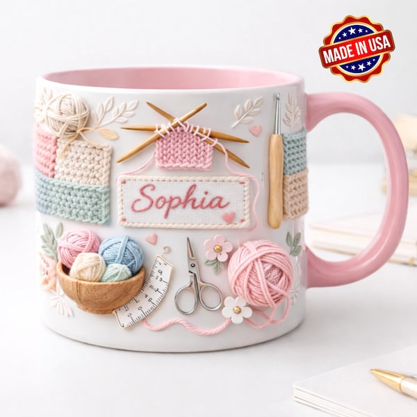 Personalized Ceramic Knitting Mug – Yarn Lover Craft Coffee Cup, USA Made