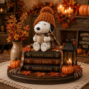 Könnte beinhalten: Eine weiße Beagle-Figur mit orangefarbener Strickmütze und kariertem Schal, die eine kleine Tasse hält. Sie sitzt auf drei Büchern mit den Titeln Crunchy Leaves, Cozy Nights und Pumpkin Please, umgeben von orangefarbenen Kürbissen und einer Laterne.