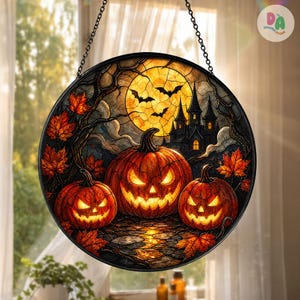Halloweenpumpa-solfångare i målat glas, läskigt slottsfönsterhänge, Halloween-glasprydnad, gotisk hempresent, bus-or-godis-present