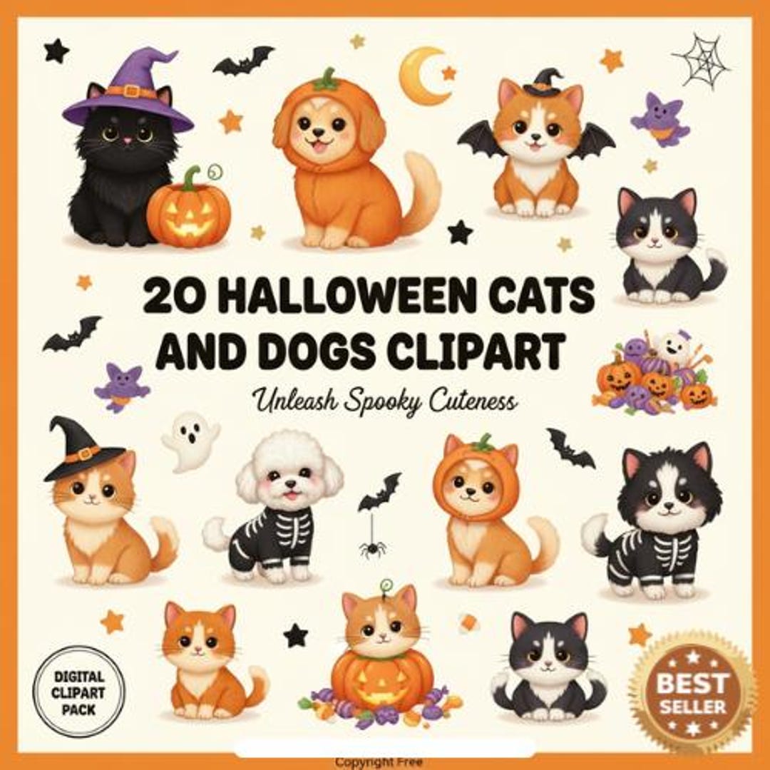 20 Halloween Cats and Dogs Clipart | Cute Pet PNG Bundle | Spooky ...