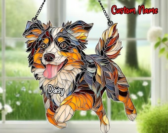 Personalized Australian Shepherd Acrylic Suncatcher, Aussie Dog Window Hanging, Dog Mom Gift, Pet Memorial, Custom Name Gift