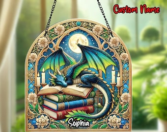 Personalized Dragon Acrylic Suncatcher, Stained Glass Style Window Hanging, Fantasy Book Lover Gift, D&D Gift, Gamer Gift, Teen Room Decor