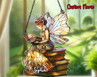 Personalized Fairy Reading Book Acrylic Suncatcher, Stained Glass Style Window Hanging, Book Lover Gift, Librarian Gift, Teacher Gift