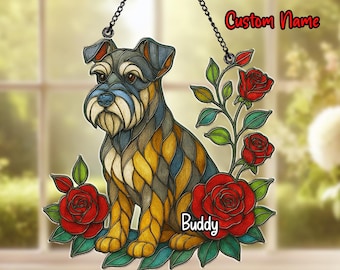 Personalized Schnauzer Acrylic Suncatcher, Stained Glass Style Dog Window Hanging, Dog Mom Gift, Pet Memorial Gift