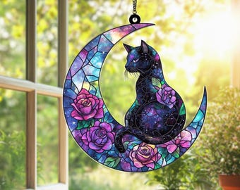 Black Cat Moon Acrylic Suncatcher Window Hanging, Stained Glass Cat Decor, Cat Lover Gift, Witchy Decor, Gothic Home Decor