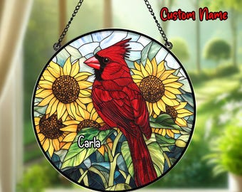 Personalized Cardinal Sunflower Acrylic Suncatcher, Stained Glass Window Hanging, Memorial Gift, Sympathy Gift, Bird Lover Gift, Mom Gift