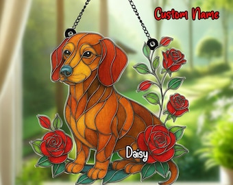 Personalized Dachshund Acrylic Suncatcher, Stained Glass Dog Window Hanging, Dog Mom Gift, Pet Memorial, Doxie Lover Gift