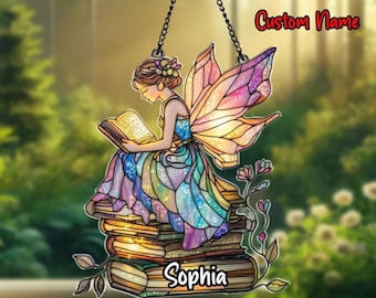 Personalized Reading Fairy Acrylic Suncatcher, Book Lover Gift, Librarian Gift, Teacher Gift, Girl Bedroom Decor
