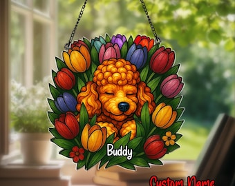 Personalized Poodle Acrylic Suncatcher, Stained Glass Dog Window Hanging, Poodle Lover Gift, Dog Mom Gift, Floral Dog Decor