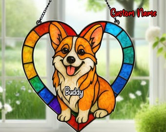 Personalized Corgi Acrylic Suncatcher Window Hanging, Stained Glass Dog Decor, Corgi Lover Gift, Dog Mom Gift, Pet Memorial Gift