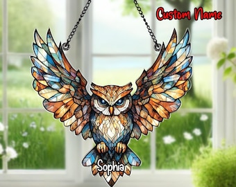 Personalized Owl Acrylic Suncatcher, Stained Glass Window Hanging, Owl Lover Gift, Teacher Gift, Wisdom Symbol Decor, Nature Lover Gift